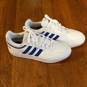 Adidas White Sneakers with Blue Three-Stripes